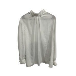 Vintage LATC Pleated Neck Long Sleeve Blouse White Sz 42 Keyhole Back Career